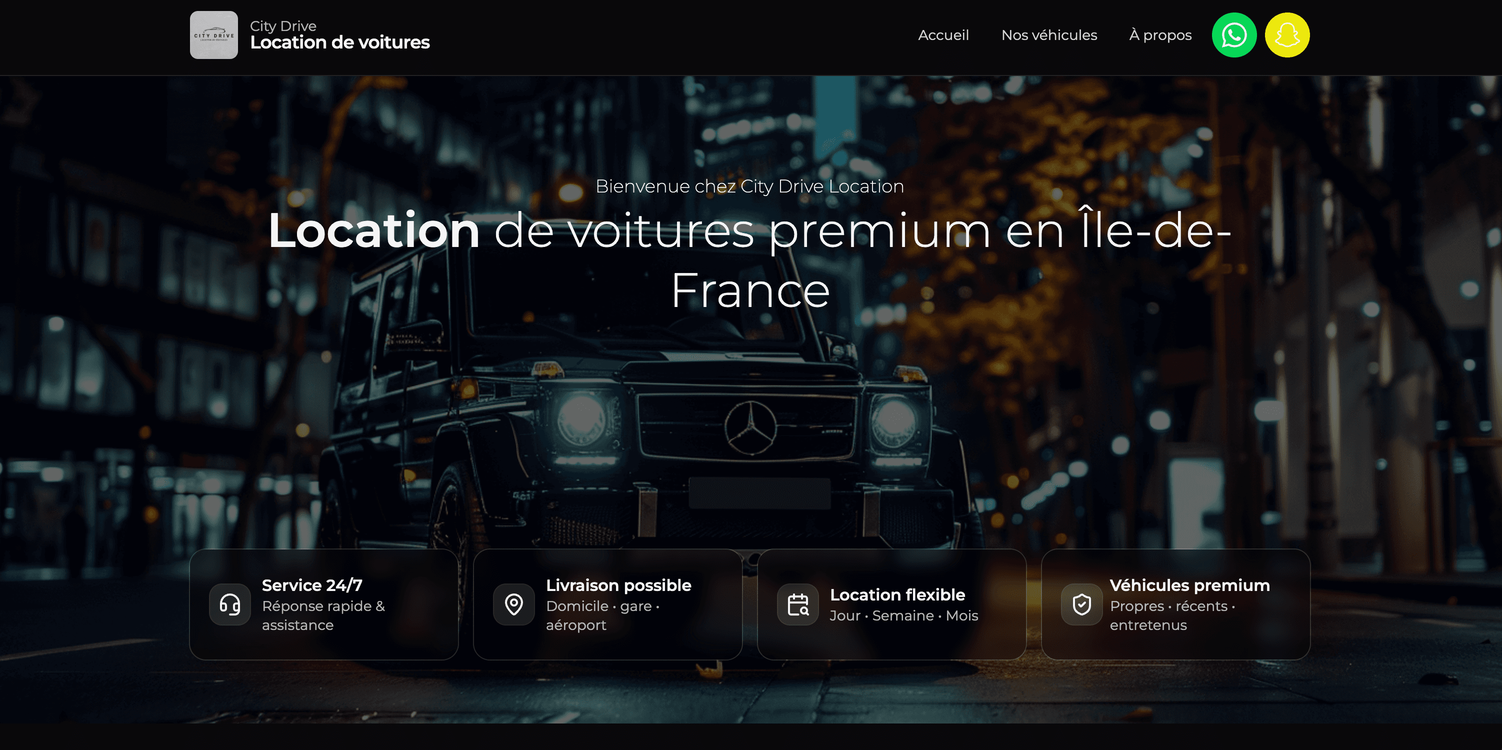 Capture d'écran de la page d'accueil du site City Drive Location, location de véhicules premium — île-de-france