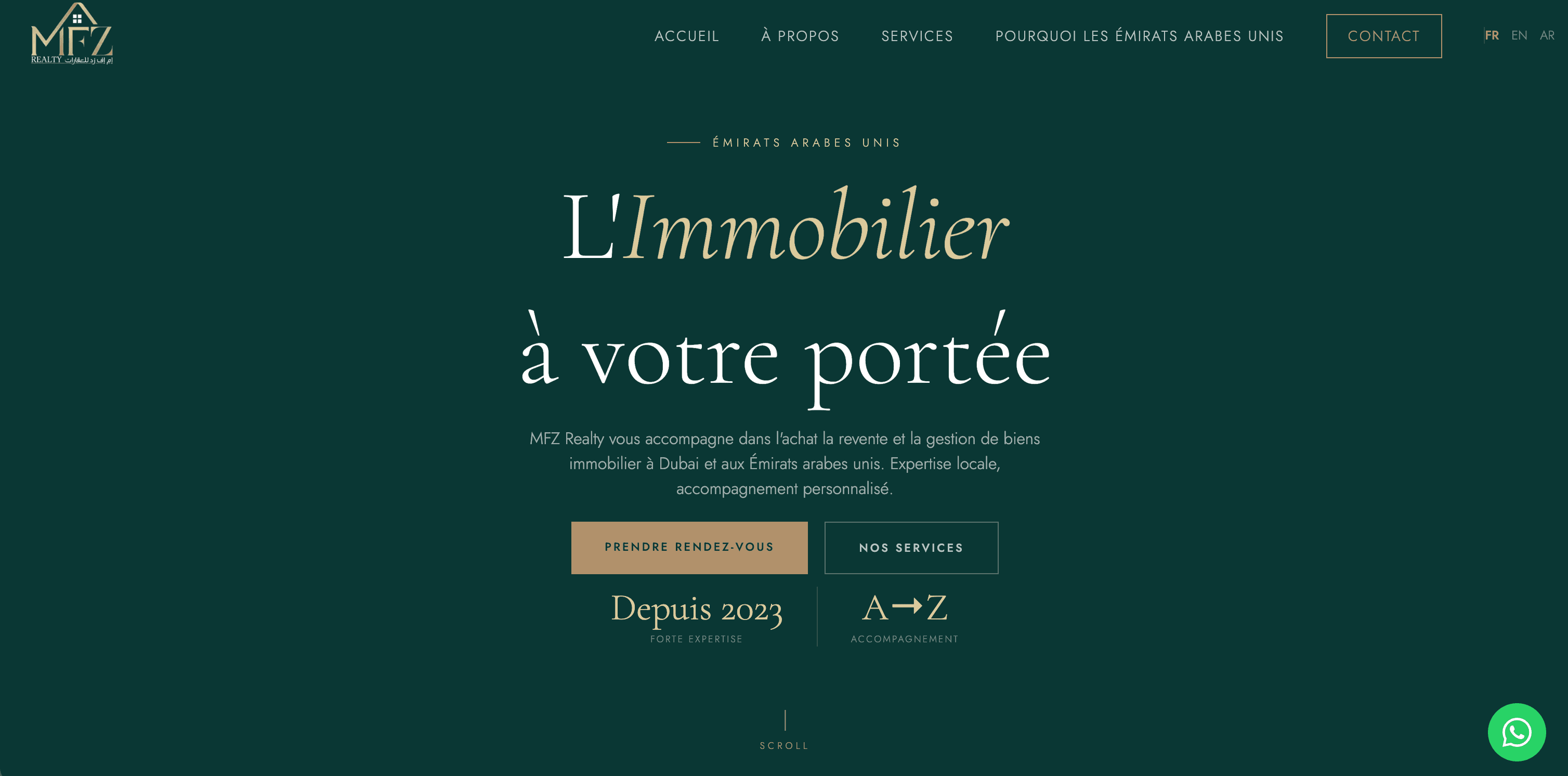 Capture d'écran de la page d'accueil du site MFZ Realty, agence immobilière — dubaï / émirats arabes unis